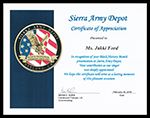 Jakki's Sierra Army Depot Certificate of Appreciation